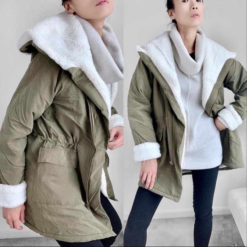 CHICBOMB Olive Green Utility Jacket with White Sherpa Lining Like New size S